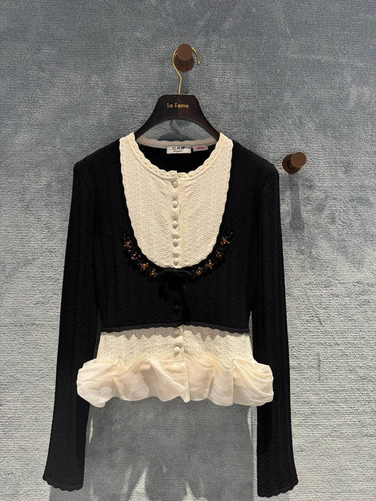 260315 New spring-autumn style heavy-duty sequin color-matched patchwork knitted cardigan