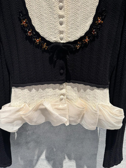 260315 New spring-autumn style heavy-duty sequin color-matched patchwork knitted cardigan