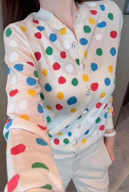 260315 New spring-autumn colorful polka dot knitted cardigan
