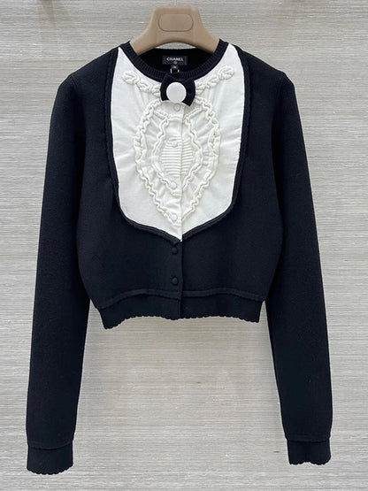 260315 New spring-autumn style black and white striped knitted cardigan