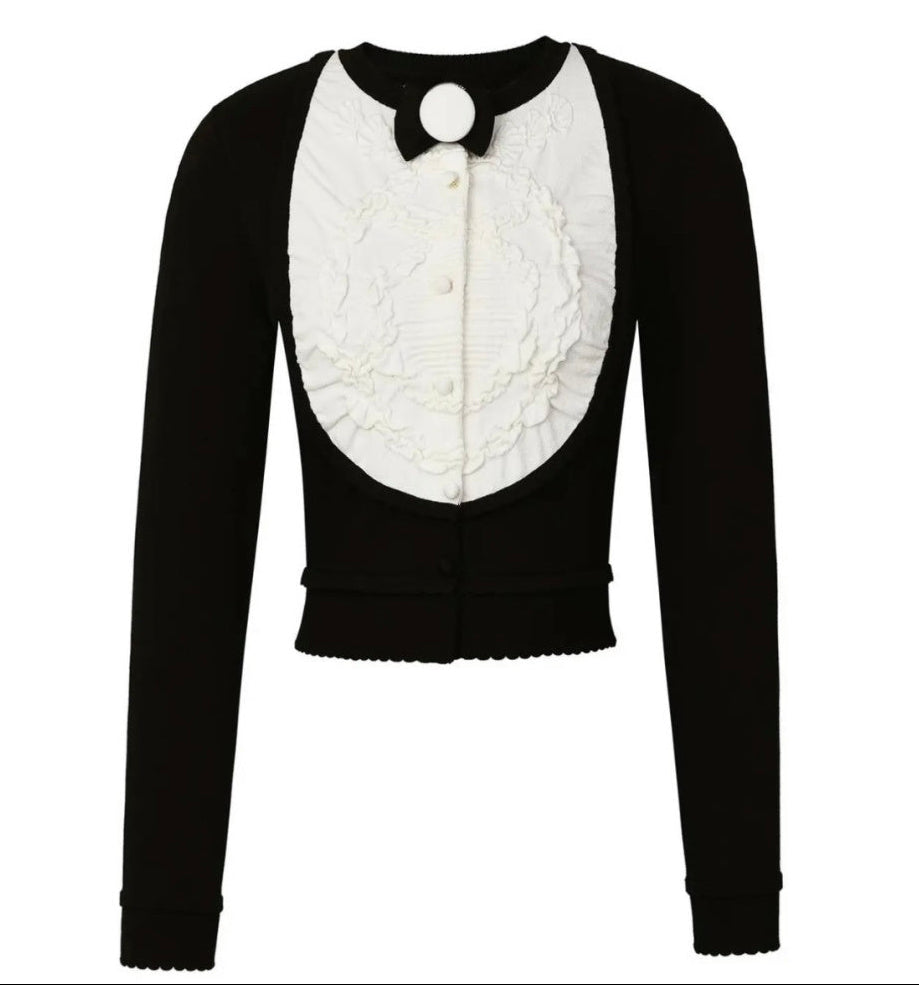 260315 New spring-autumn style black and white striped knitted cardigan