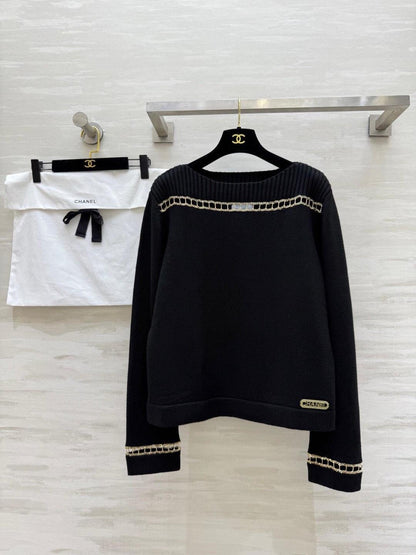 260315 New spring-autumn style black and gold chain knitted sweater