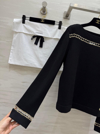 260315 New spring-autumn style black and gold chain knitted sweater