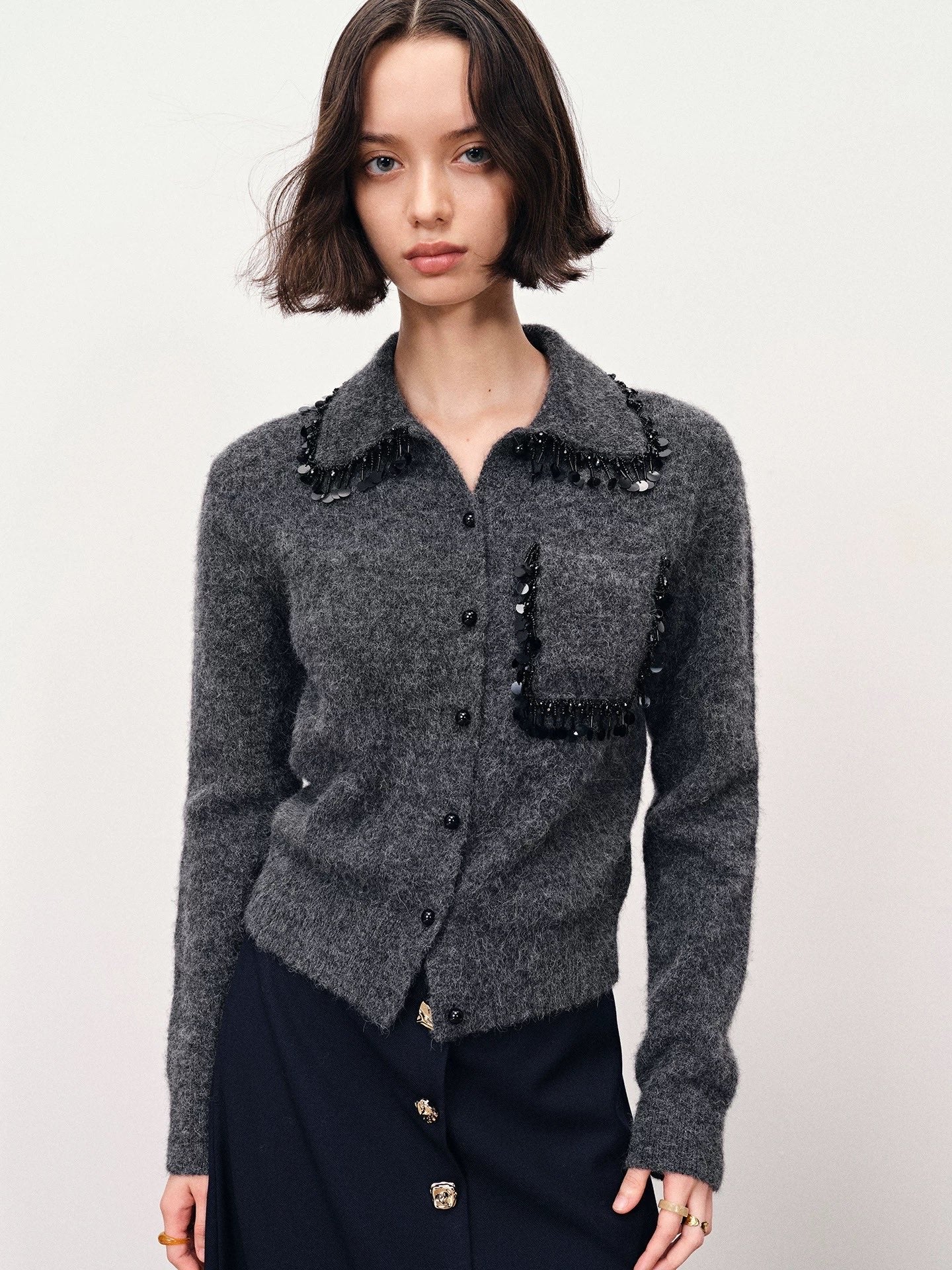260317 New high-quality French-style beaded frill cardigan