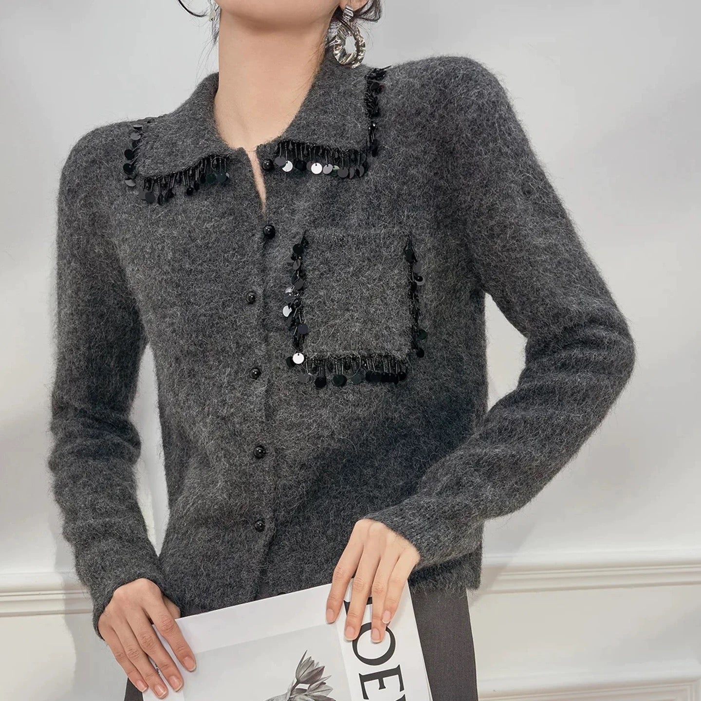 260317 New high-quality French-style beaded frill cardigan