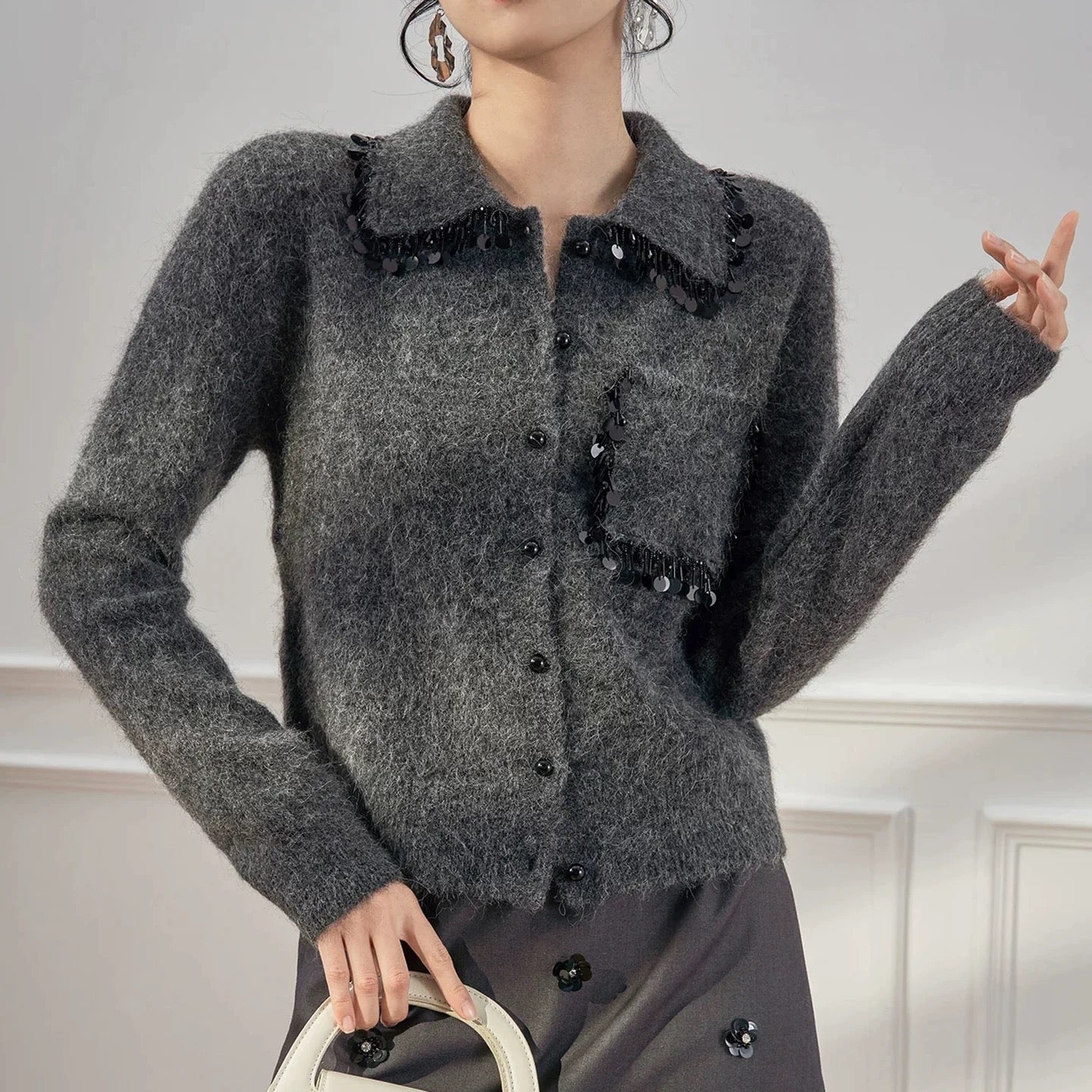 260317 New high-quality French-style beaded frill cardigan