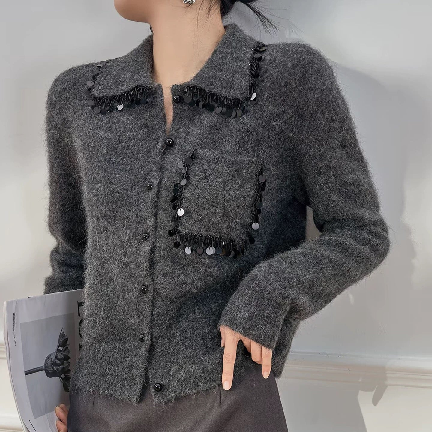 260317 New high-quality French-style beaded frill cardigan