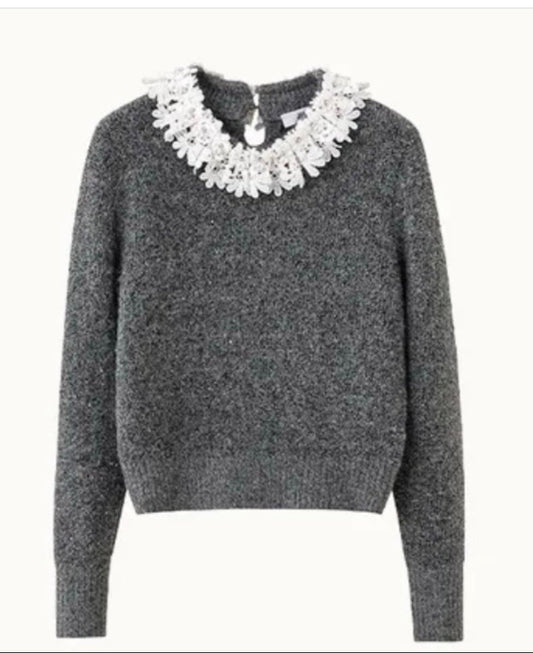 260317 New high-quality knitted sweater with lace trim at the neckline