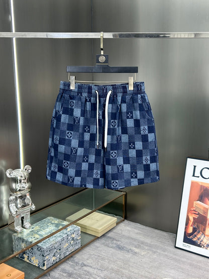 260323 New high-quality full-print checkered denim shorts