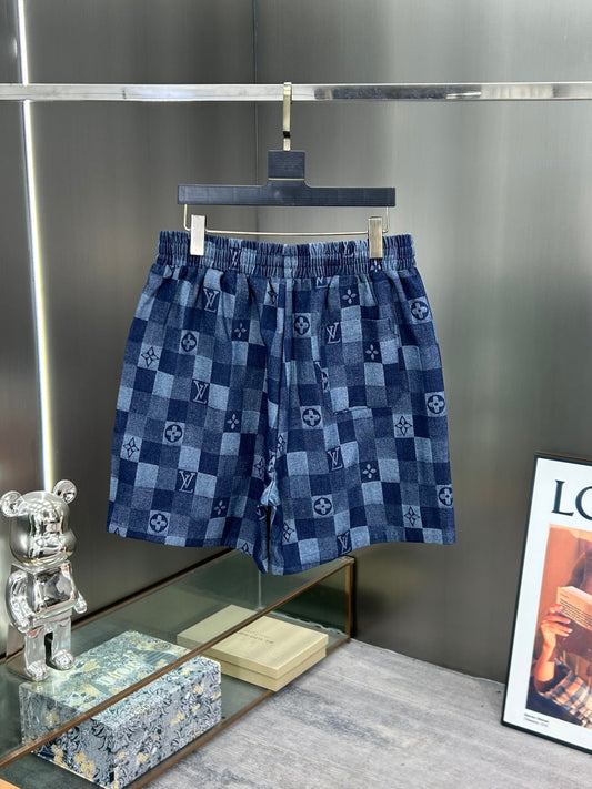 260323 New high-quality full-print checkered denim shorts