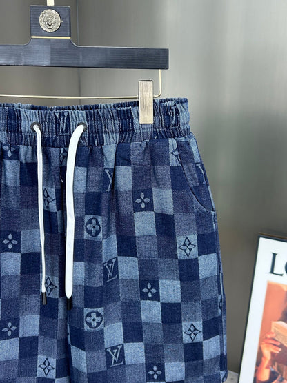 260323 New high-quality full-print checkered denim shorts