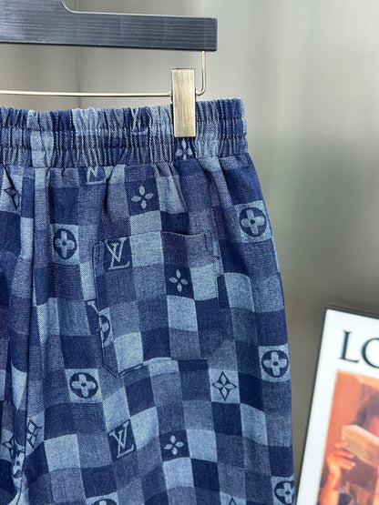 260323 New high-quality full-print checkered denim shorts