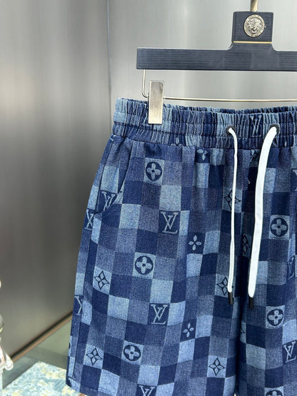 260323 New high-quality full-print checkered denim shorts