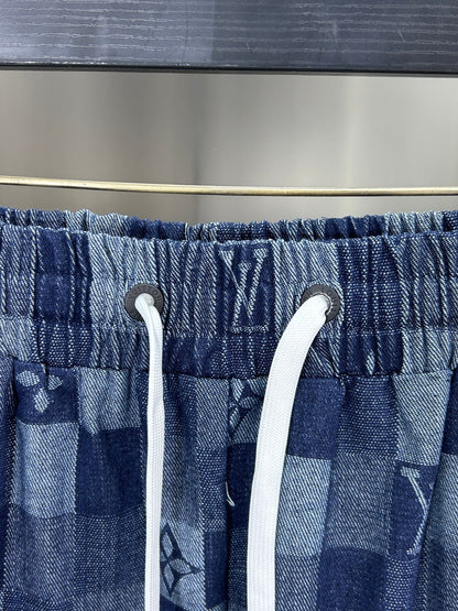 260323 New high-quality full-print checkered denim shorts