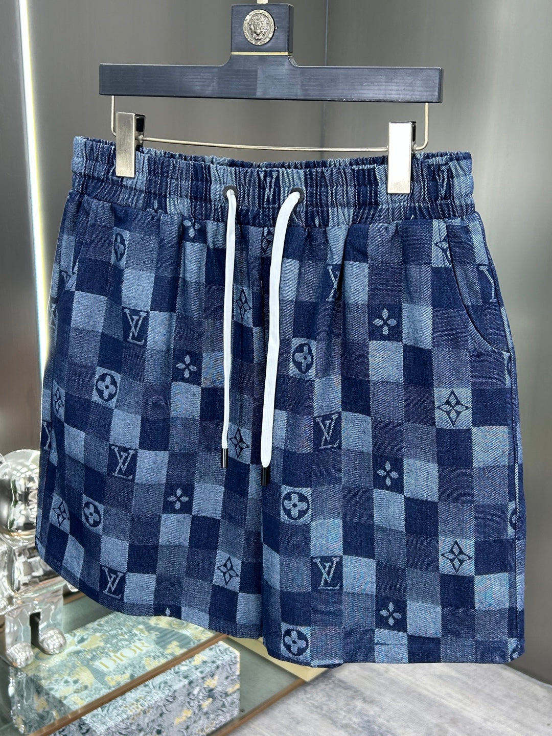 260323 New high-quality full-print checkered denim shorts