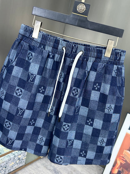 260323 New high-quality full-print checkered denim shorts