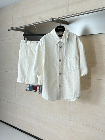 260323 New top-quality jacquard custom fabric denim short-sleeved shirt