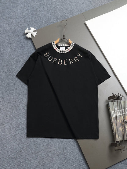 260415 New high-quality striped-neckline three-dimensional embroidered T-shirt