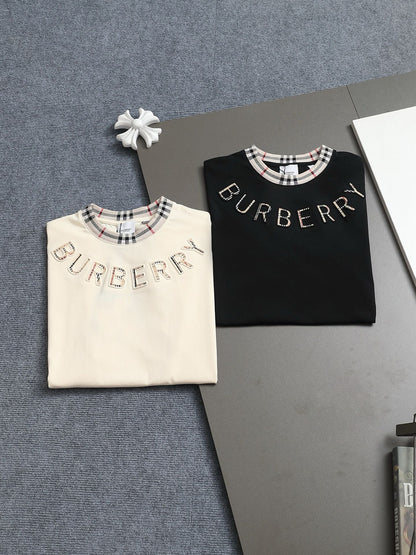 260415 New high-quality striped-neckline three-dimensional embroidered T-shirt