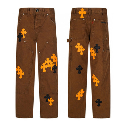 260421 New high-quality leather-stitched workwear washed denim pants