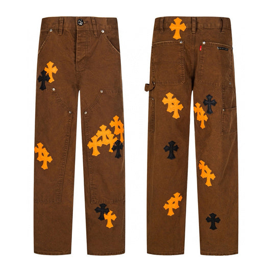 260421 New high-quality leather-stitched workwear washed denim pants