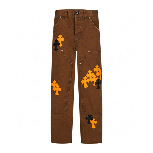260421 New high-quality leather-stitched workwear washed denim pants