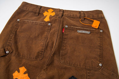 260421 New high-quality leather-stitched workwear washed denim pants
