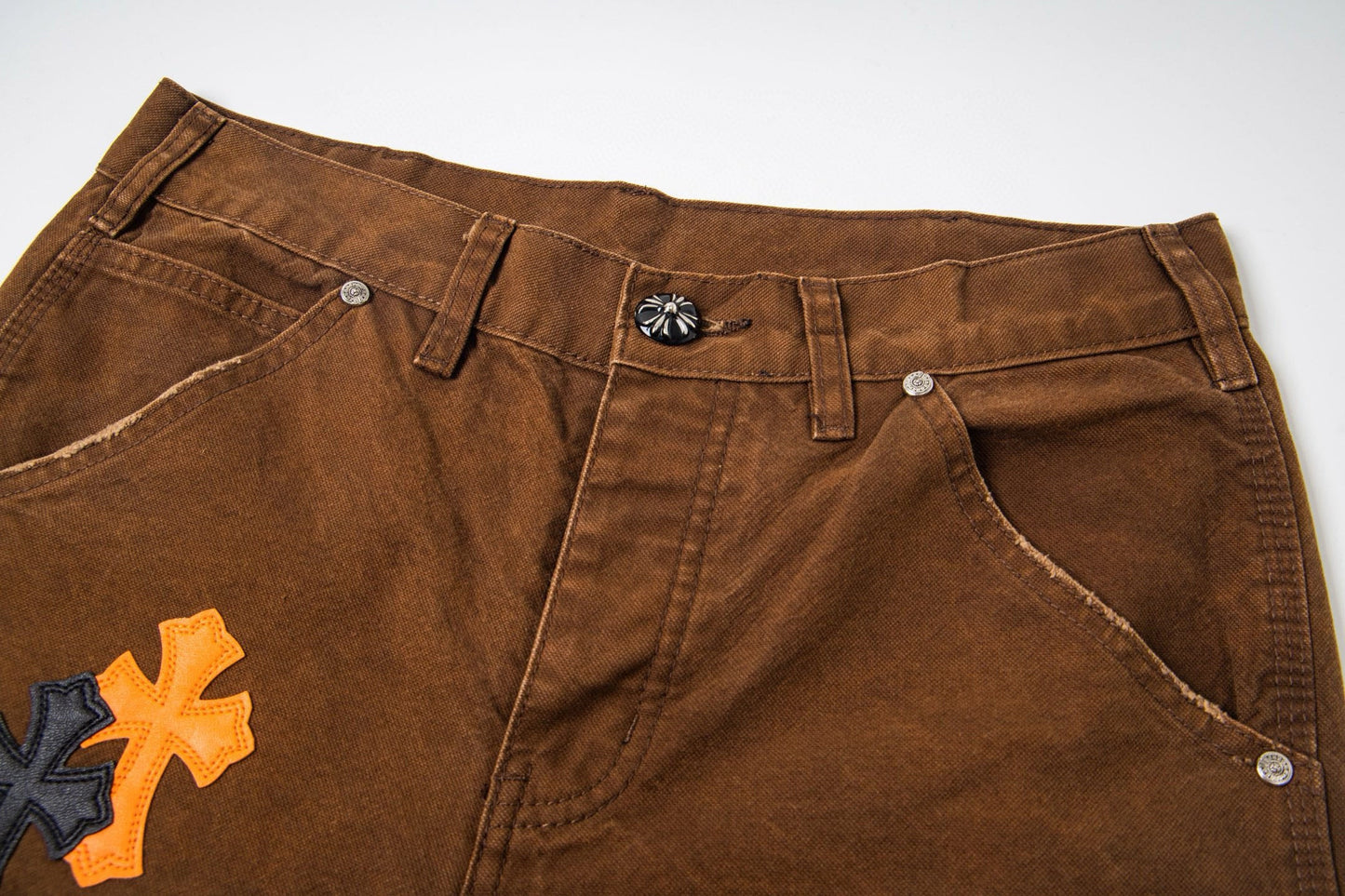 260421 New high-quality leather-stitched workwear washed denim pants