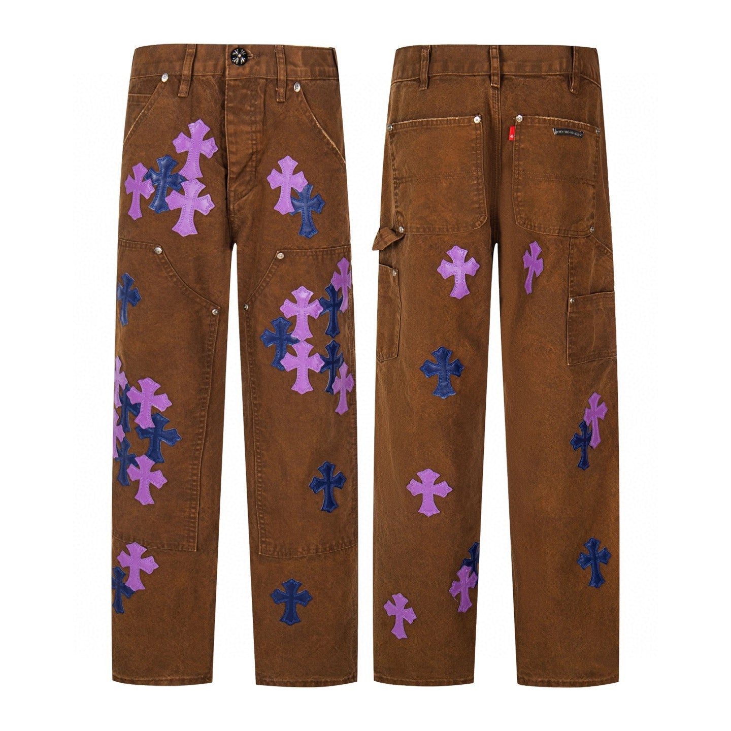 260421 New high-quality leather-stitched workwear washed denim pants