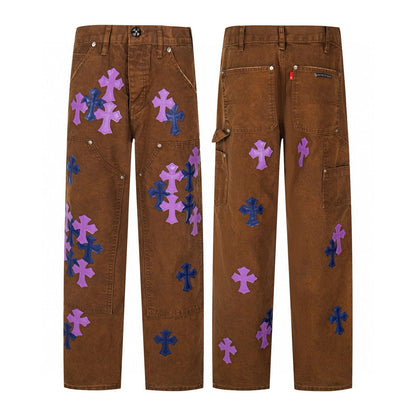 260421 New high-quality leather-stitched workwear washed denim pants
