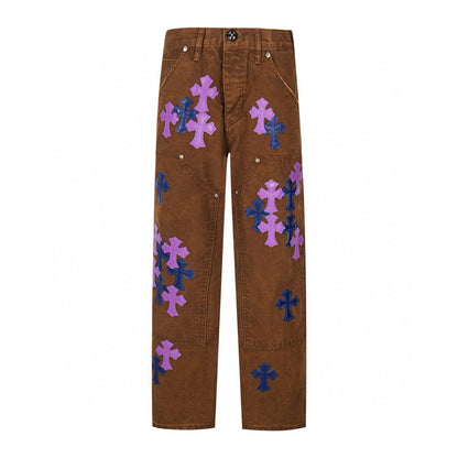 260421 New high-quality leather-stitched workwear washed denim pants
