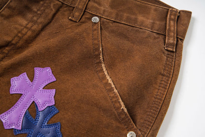 260421 New high-quality leather-stitched workwear washed denim pants