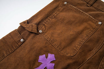 260421 New high-quality leather-stitched workwear washed denim pants