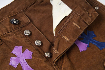 260421 New high-quality leather-stitched workwear washed denim pants