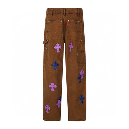 260421 New high-quality leather-stitched workwear washed denim pants