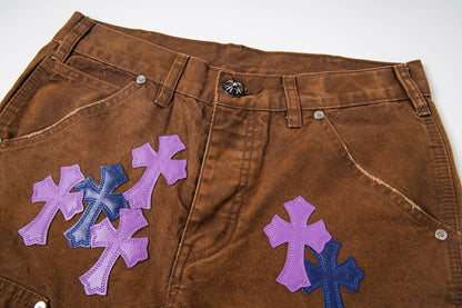 260421 New high-quality leather-stitched workwear washed denim pants