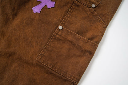 260421 New high-quality leather-stitched workwear washed denim pants
