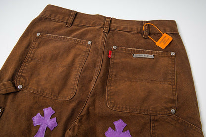 260421 New high-quality leather-stitched workwear washed denim pants