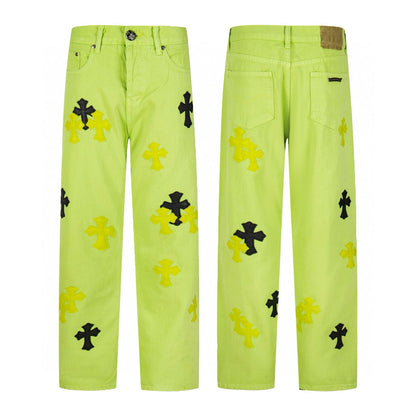 260421 New high-quality leather-stitched workwear washed denim pants