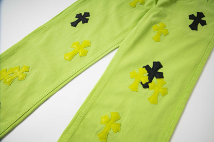 260421 New high-quality leather-stitched workwear washed denim pants