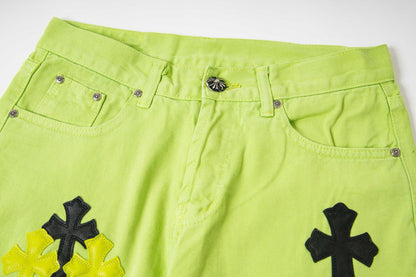 260421 New high-quality leather-stitched workwear washed denim pants