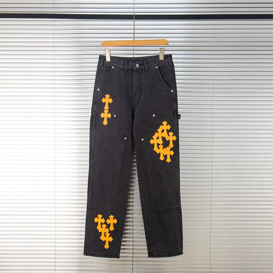 260421 New high-quality leather-stitched workwear washed denim pants