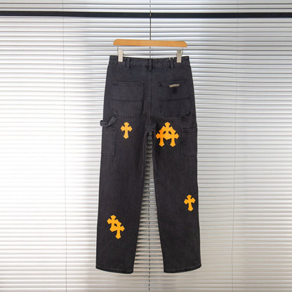 260421 New high-quality leather-stitched workwear washed denim pants