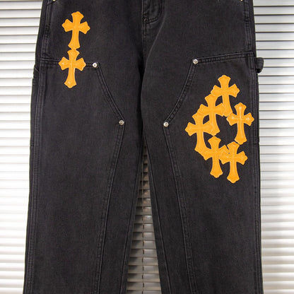 260421 New high-quality leather-stitched workwear washed denim pants