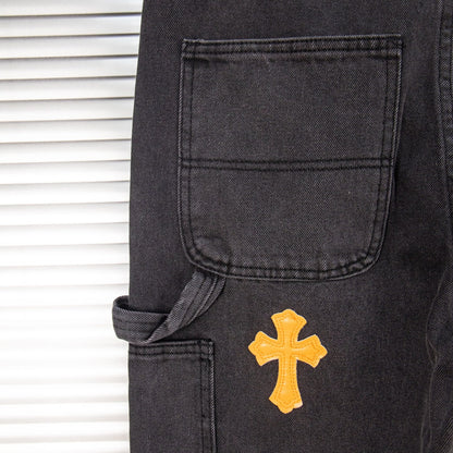 260421 New high-quality leather-stitched workwear washed denim pants