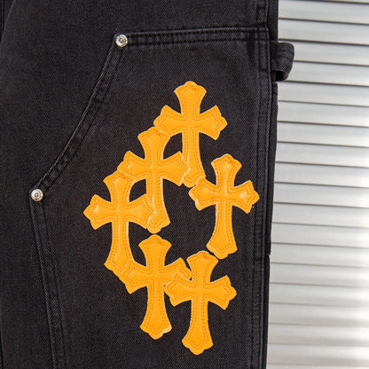 260421 New high-quality leather-stitched workwear washed denim pants