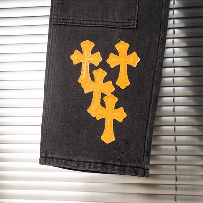 260421 New high-quality leather-stitched workwear washed denim pants