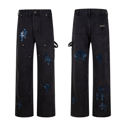 260421 New high-quality leather-stitched workwear washed denim pants