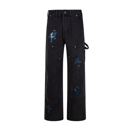 260421 New high-quality leather-stitched workwear washed denim pants