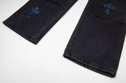 260421 New high-quality leather-stitched workwear washed denim pants